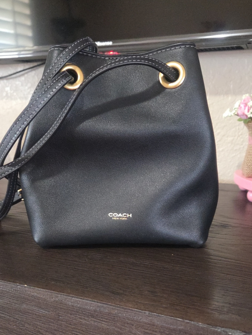 Coach Jade Black Leather Bucket Drawstring Crossbody with Gold Eyelets